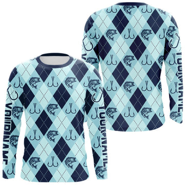 Maxcorners Personalized Largemouth Bass Fishing Long Sleeve Shirt, Argyle Fish Pattern Top LM0609