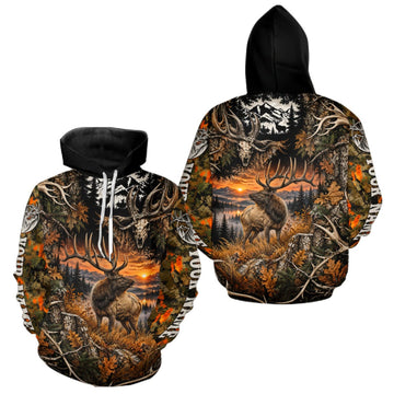 Maxcorners Personalized Elk Skull With Hunting Shirt Orange Camo Custom Name, Elk Hunting Clothes LM0410