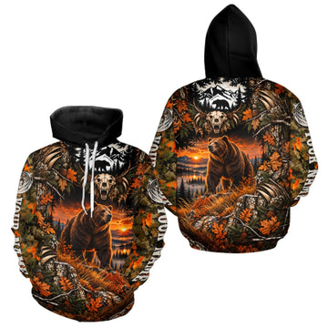 Maxcorners Personalized Bear Skull With Hunting Shirt Orange Camo Custom Name, Bear Hunting Clothes LM0410