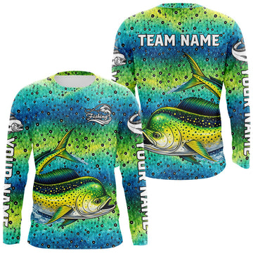 Maxcorners Mahi Mahi Fishing Team Jerseys, Mahi Mahi Fishing Shirts Long Sleeve Green Camo LM2603