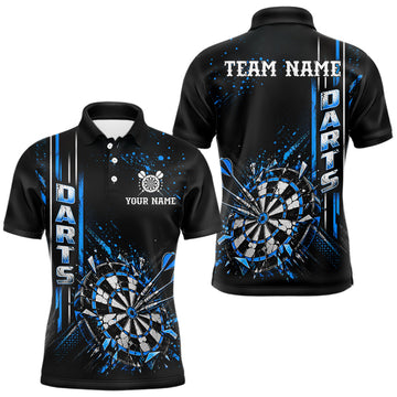 Maxcorners Blue Darts Target Shatter Polo 1/4-Zip Shirt For Men Custom Black Team Tournament Jersey