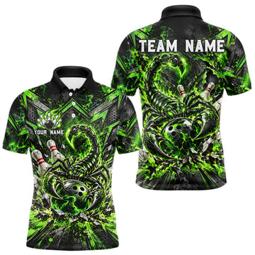Maxcorners Green Scorpion Bowling Ball Pins Polo Shirt For Men Custom Neon Team Tournament Jersey