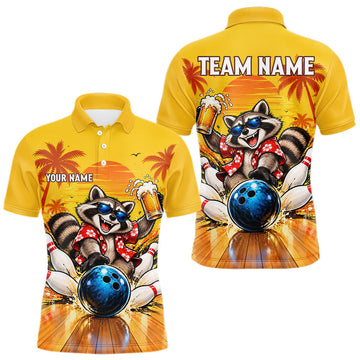 Maxcorners Yellow Tropical Raccoon Bowling Player Polo Shirt Custom Beer Drinking Sports Club Match Jersey
