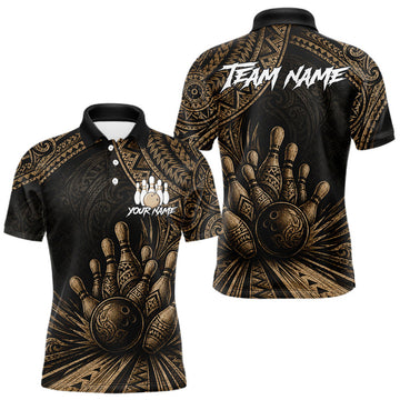 Maxcorners Custom Bowling League Shirt, Personalized Bowling Team Polo, Polynesian Tribal Bowling For Men|Brown LM2607