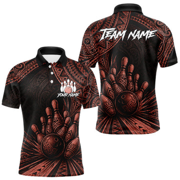 Maxcorners Custom Bowling League Shirt, Personalized Bowling Team Polo, Polynesian Tribal Bowling For Men|Red LM2607