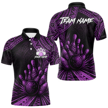 Maxcorners Custom Bowling League Shirt, Personalized Bowling Team Polo, Polynesian Tribal Bowling For Men|Purple LM2607
