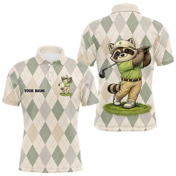 Maxcorners Personalized Raccoon Golfer Polo Shirt Funny Golf Argyle Pattern Custom Name Golf Lover Gift LM1406