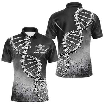 Maxcorners Custom Black Grey Mens Golf Polo Shirt DNA Skull Design, Personalized Name Golf Shirt, Golf Team Shirt
