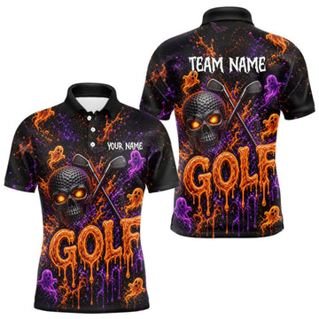 Maxcorners Personalized Halloween Men Golf Shirt, Custom Name Spooky Golf Skull Shirt Apparel Gifts For Golfer LM0409
