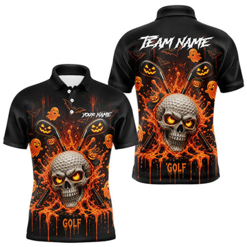 Maxcorners Personalized Spooky Halloween Men Golf Polo Shirt, Orange Pumpkin Skull Dripping Slime Apparel LM0409