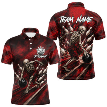 Maxcorners Personalized Bowling Tournament Jersey & Custom Team Shirts, Red Skeleton Bowling Polo For Men LM2709