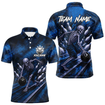 Maxcorners Personalized Bowling Tournament Jersey & Custom Team Shirts, Blue Skeleton Bowling Polo For Men LM2709