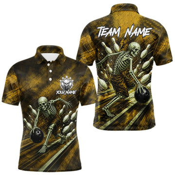 Maxcorners Personalized Bowling Tournament Jersey & Custom Team Shirts, Yellow Skeleton Bowling Polo For Men LM2709