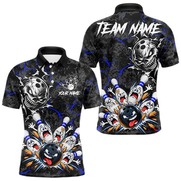 Maxcorners Angry Bowling Ball Skull Polo Shirt For Men Custom Blue Black Team Tournament Jersey