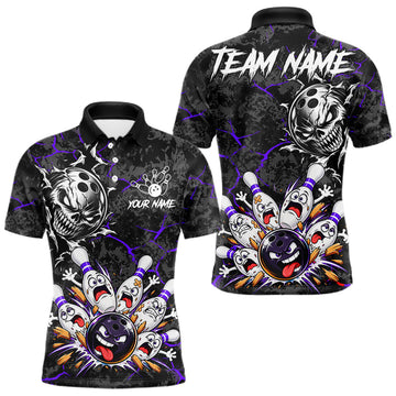Maxcorners Angry Bowling Ball Skull Polo Shirt For Men Custom Purple Black Team Tournament Jersey