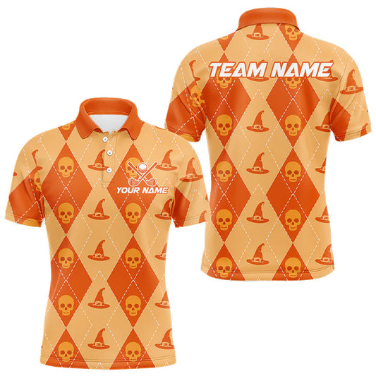 Maxcorners Personalized Custom Name Halloween Orange Witch Hat Argyle Skull Golf Polo Shirt for Men