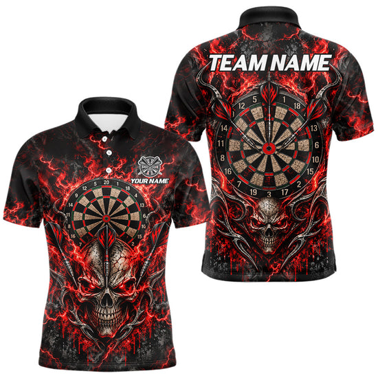 Maxcorners Red Fire Skull Darts Polo Shirt For Men Custom Quarter Zip Dart Board Team Tournament Jersey