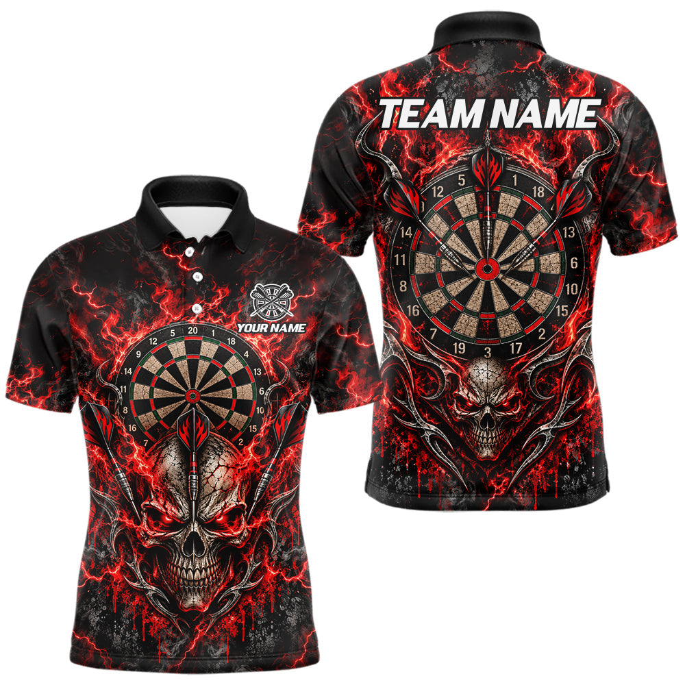 Maxcorners Red Fire Skull Darts Polo Shirt For Men Custom Quarter Zip Dart Board Team Tournament Jersey