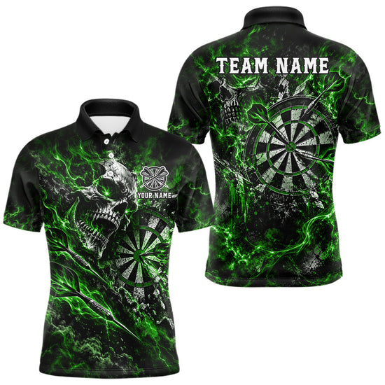 Maxcorners Green Fire Skull Men Darts Polo Shirt Personalized Quarter Zip Performance Team Jersey