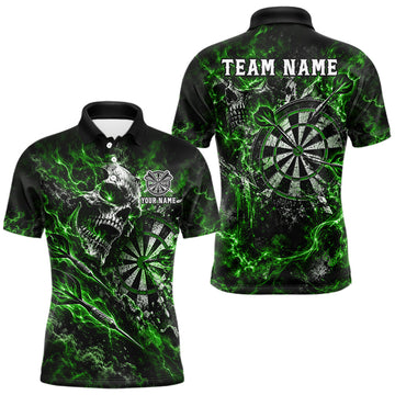 Maxcorners Green Fire Skull Men Darts Polo Shirt Personalized Quarter Zip Performance Team Jersey