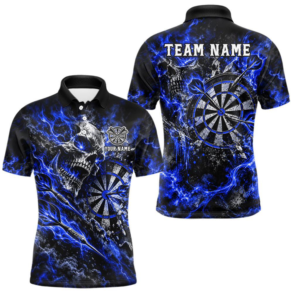 Maxcorners Blue Fire Skull Men Darts Polo Shirt Personalized Quarter Zip Performance Team Jersey