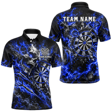 Maxcorners Blue Fire Skull Men Darts Polo Shirt Personalized Quarter Zip Performance Team Jersey
