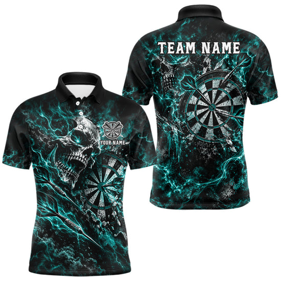 Maxcorners Turquoise Fire Skull Men Darts Polo Shirt Personalized Quarter Zip Performance Team Jersey