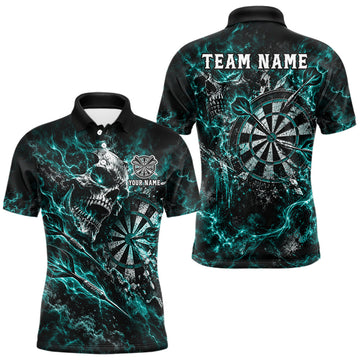 Maxcorners Turquoise Fire Skull Men Darts Polo Shirt Personalized Quarter Zip Performance Team Jersey