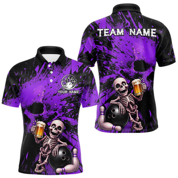 Maxcorners Custom Skeleton Beer Bowling Jersey, Purple Splatter Skull Polo & Quarter-Zip Shirt Gift For Men LM2806