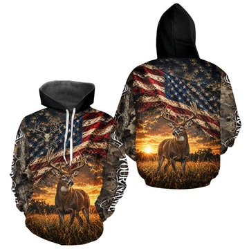 Maxcorners American Flag Whitetail Deer Camo Hunting Shirt, Best Hunting Shirt For Deer Hunting Season LM0410