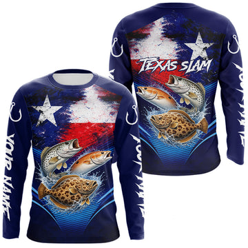 Maxcorners Texas Slam Redfish, Trout, Flounder Custom Fishing Shirts Long Sleeve, Texas Flag Fishing Shirt LM0503
