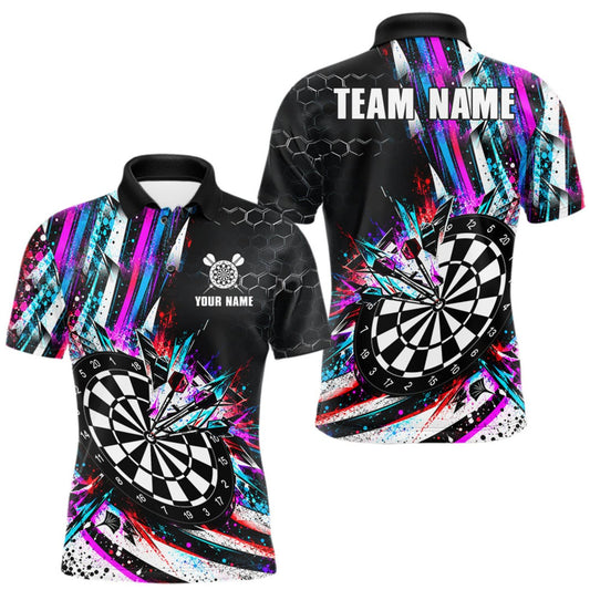 Maxcorners Neon Splash Dartboard Art Polo 1/4-Zip Shirt For Men Custom Vibrant Darts Team Match Jersey LM0510