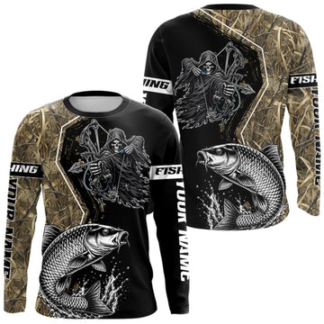 Maxcorners Bowfishing Shirt With Grim Reaper & Carp Fish Camo Design, Fishing Shirts Long Sleeve For Men LM1508
