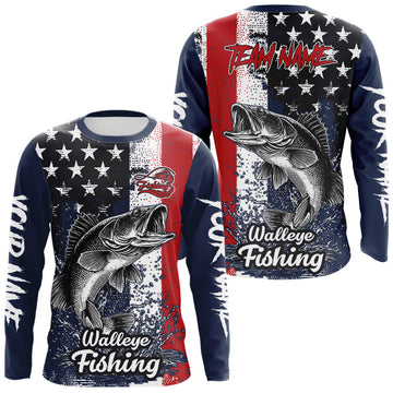 Maxcorners Walleye Custom US Flag Long Sleeve Fishing Shirt, Men's Fishing Shirt LM1501