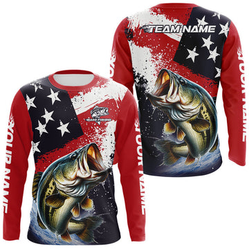 Maxcorners Personalized Bass Fishing Jerseys, Custom American Flag Bass Fishing Shirts Long Sleeve LM1501