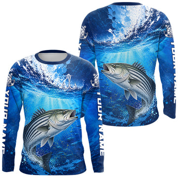 Maxcorners Striped Bass Fishing Jersey Ocean Blue 3D All Over Print Long Sleeve Performance Shirt LM1406