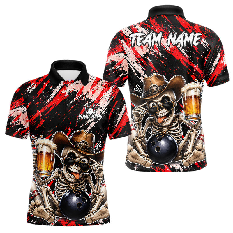 Maxcorners Custom Men Skeleton Cowboy Bowling Beer Polo Shirt Red, Funny Bowling Shirt For Bowlers