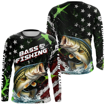 Maxcorners Best Bass Fishing Shirts Long Sleeve American Flag Patriotic Custom Name Fishing Tournament LM0106