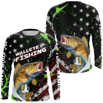 Maxcorners Best Walleye Fishing Shirts Long Sleeve American Flag Patriotic Custom Name Fishing Jersey LM2405