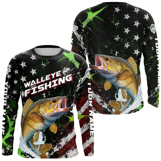 Maxcorners Best Walleye Fishing Shirts Long Sleeve American Flag Patriotic Custom Name Fishing Jersey LM0106