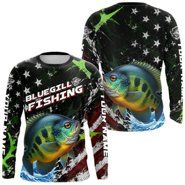 Maxcorners Best Bluegill Fishing Shirts Long Sleeve American Flag Patriotic Custom Name Fishing Jersey LM0106