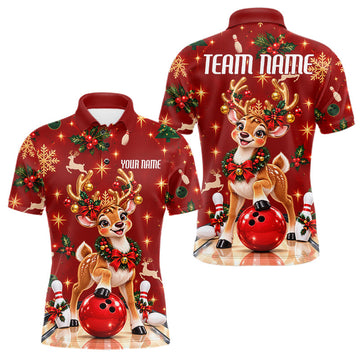 Maxcorners Cute Christmas Reindeer Men Bowling Shirt Personalized Red Snowflake Performance Jersey