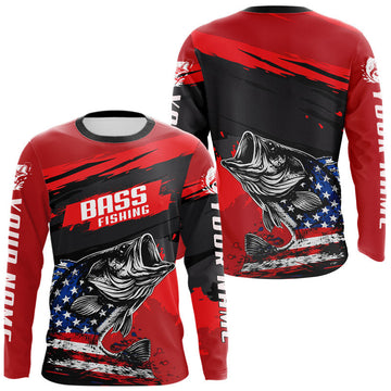 Maxcorners Bass American Flag Fishing Shirt Long Sleeve, Red Fishing Jersey For Fisherman
 LM0503