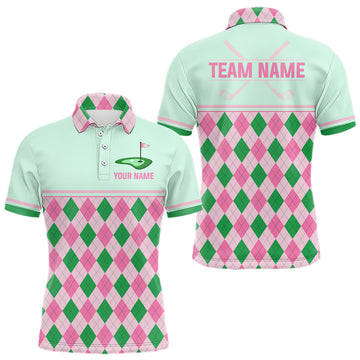 Maxcorners Pink Argyle Golf Polo Shirt Personalized Men Golf Shirt Cute Preppy Golf Outfit Custom Name, Family Team Shirts LM0404
