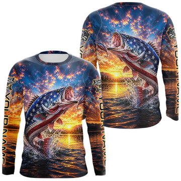 Maxcorners American Flag Bass Fishing Jersey – Patriotic Sunset Lake Angler Long Sleeve For Men LM0706