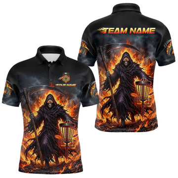 Maxcorners Personalized Mens Disc Golf Polo Shirt | Flaming Grim Reaper Death Graphic 3D Printed Jersey