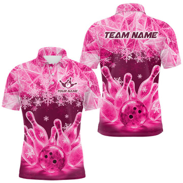 Maxcorners Pink Winter Bowling 1/4 Zip Polo Shirt Custom Name – Ice Bowling Ball Performance Jersey For Men