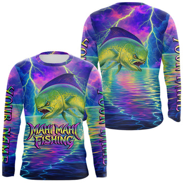 Maxcorners Angry Mahi Mahi Custom Fishing Shirts Long Sleeve, Design Neon Mahi Mahi Fishing Jersey LM1203
