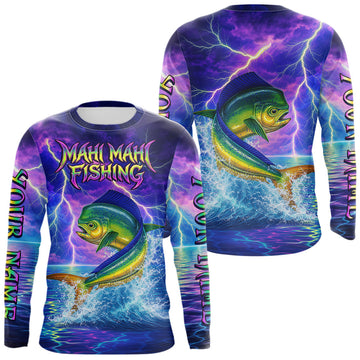 Maxcorners Custom Neon Pattern Mahi Mahi Fishing Shirts Long Sleeve, Fishing Shirt Jersey LM1203