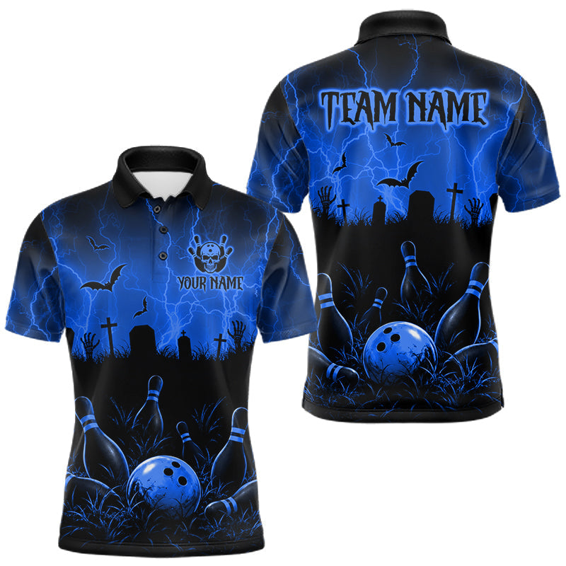 Maxcorners Blue Halloween Bowling Shirt, Personalized Skeleton Bowling Shirt With Custom Team Name For Men
